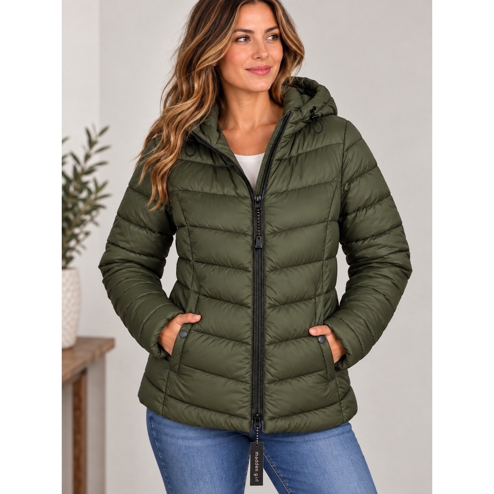 Madden Girl Womens Olive Green Packable Puffer Jacket with Hood Size Large